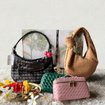 Snob shoulder (brown) + knotty (Camel) + cherry sling (pink) + Lexi 2.0 (green) + cherry charm 🍒